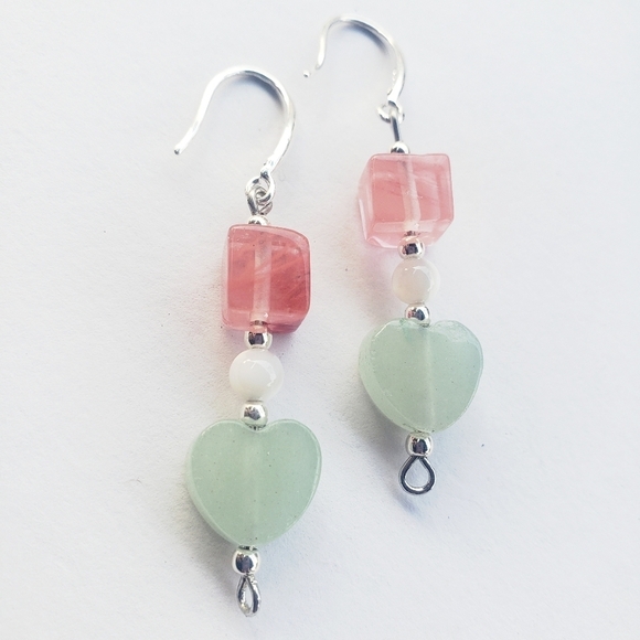NWT 925 solid sterling silver DANGLE EARRINGS JADE Rose Quartz GIFT FOR HER 1" - Picture 1 of 3